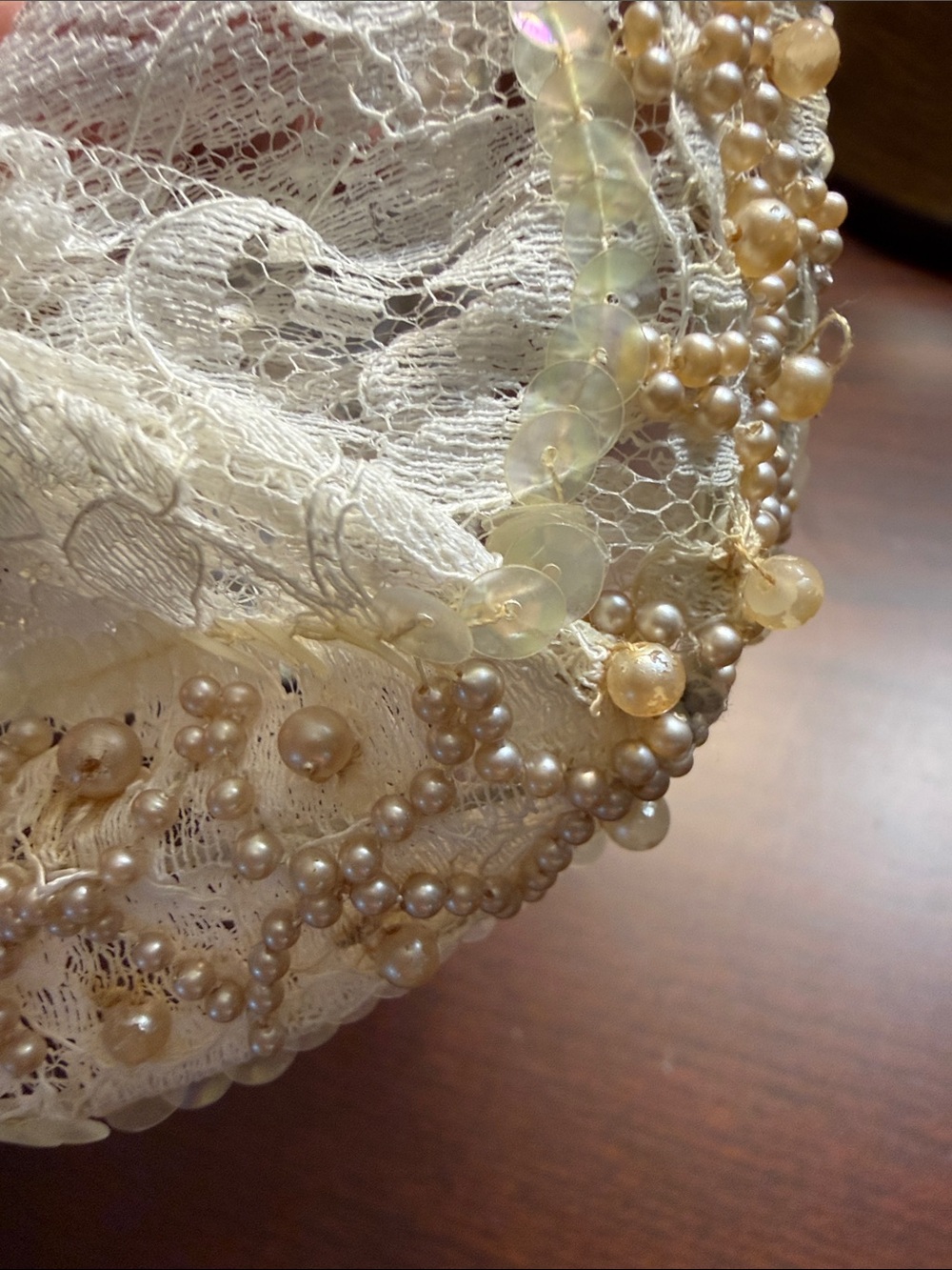 50’s Ivory Lace Bridal Headband with Faux Pearls & Sequins - Picture 13 of 13